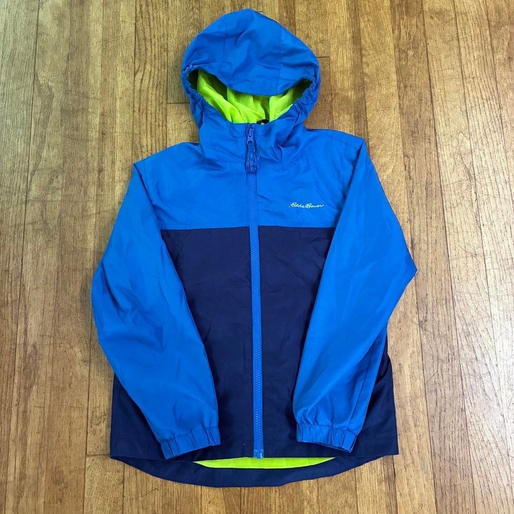 Eddie Bauer Kids Blue Neon Yellow Colorblock Hooded Windbreaker Jacket Small 7/8